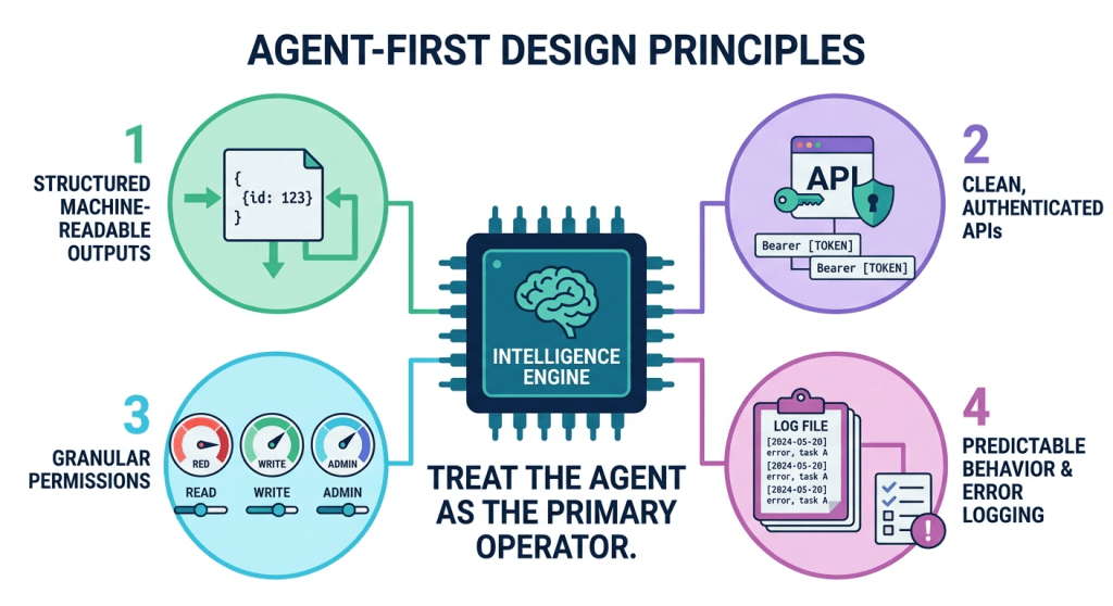 Infographic illustrating the 'Agent-First Design Principles' with four key components: 1) Structured machine-readable outputs, 2) Clean, authenticated APIs, 3) Granular permissions, and 4) Predictable behavior & error logging.